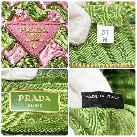 PRADA Vintage Logo Raffia Mini Tote Bag Pink Green Polyethylene [105145] - Picture 11 of 11